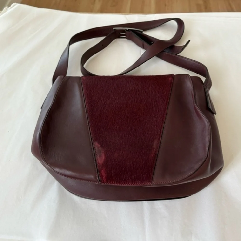 Vince‎ Maroon Burgundy Calf Hair Leather Rounded Crossbody Saddle Bag